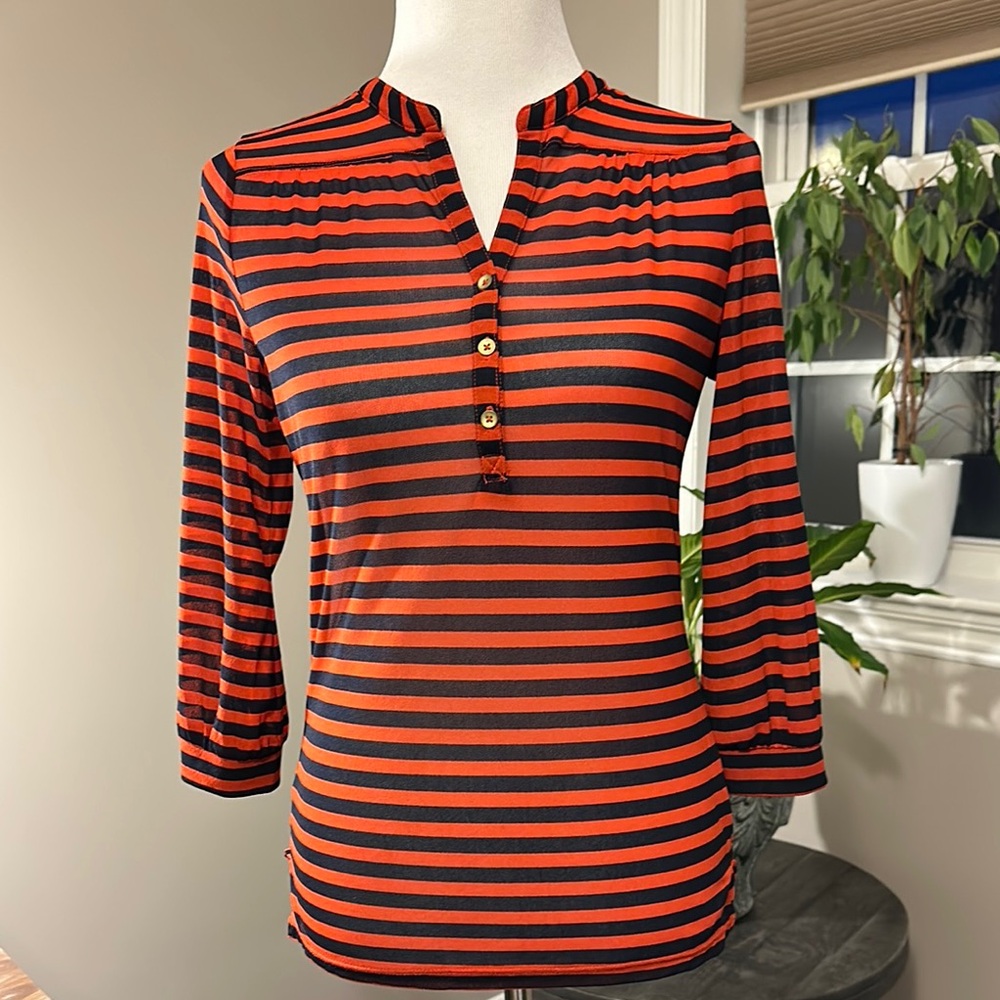 Outback Red Blue and Red Fitted Blouse with Mandarin Collar